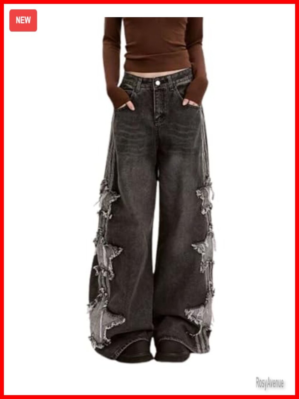 PEAINJ Star Jeans High Waisted Baggy Wide Leg Denim Pants